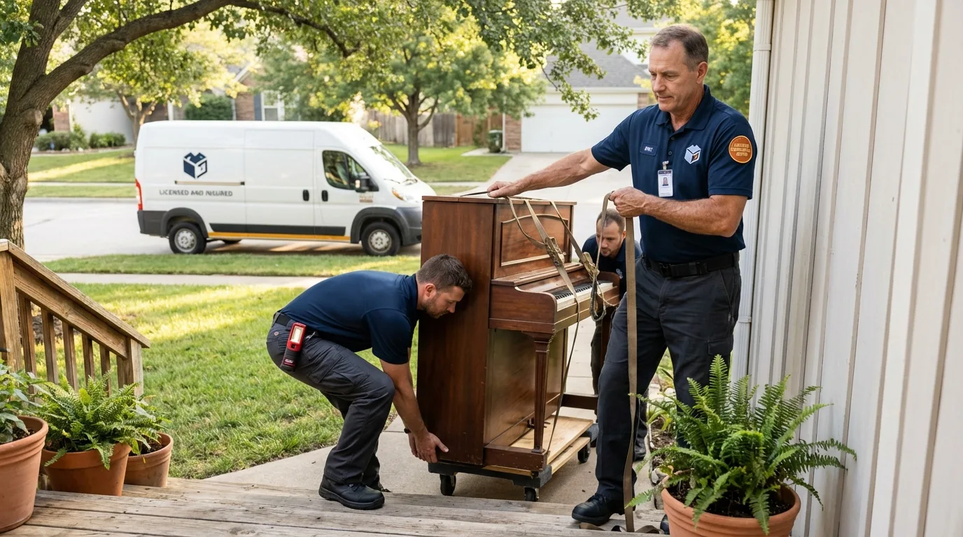 Licensed piano movers securing grand piano in Ada, OK