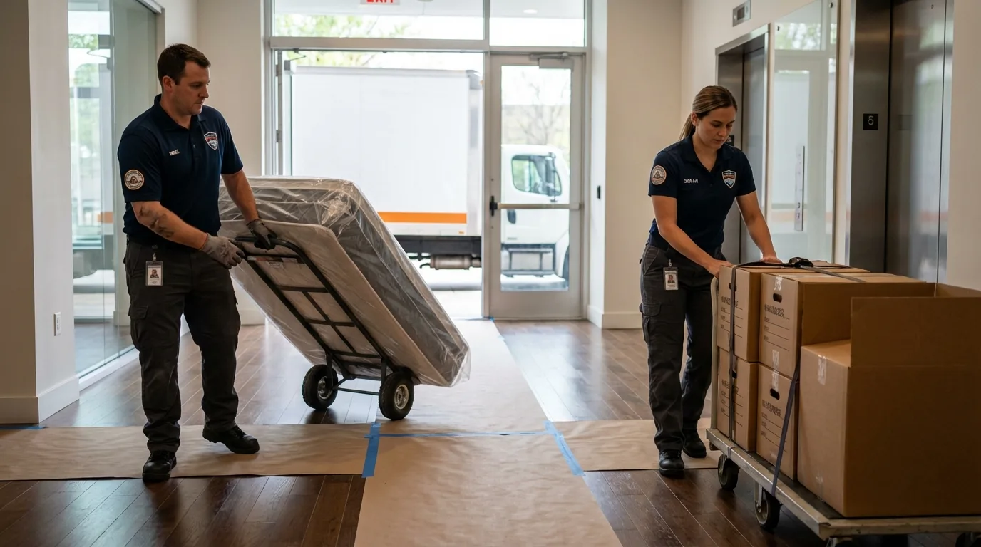 Professional apartment movers loading elevator in Ada, OK
